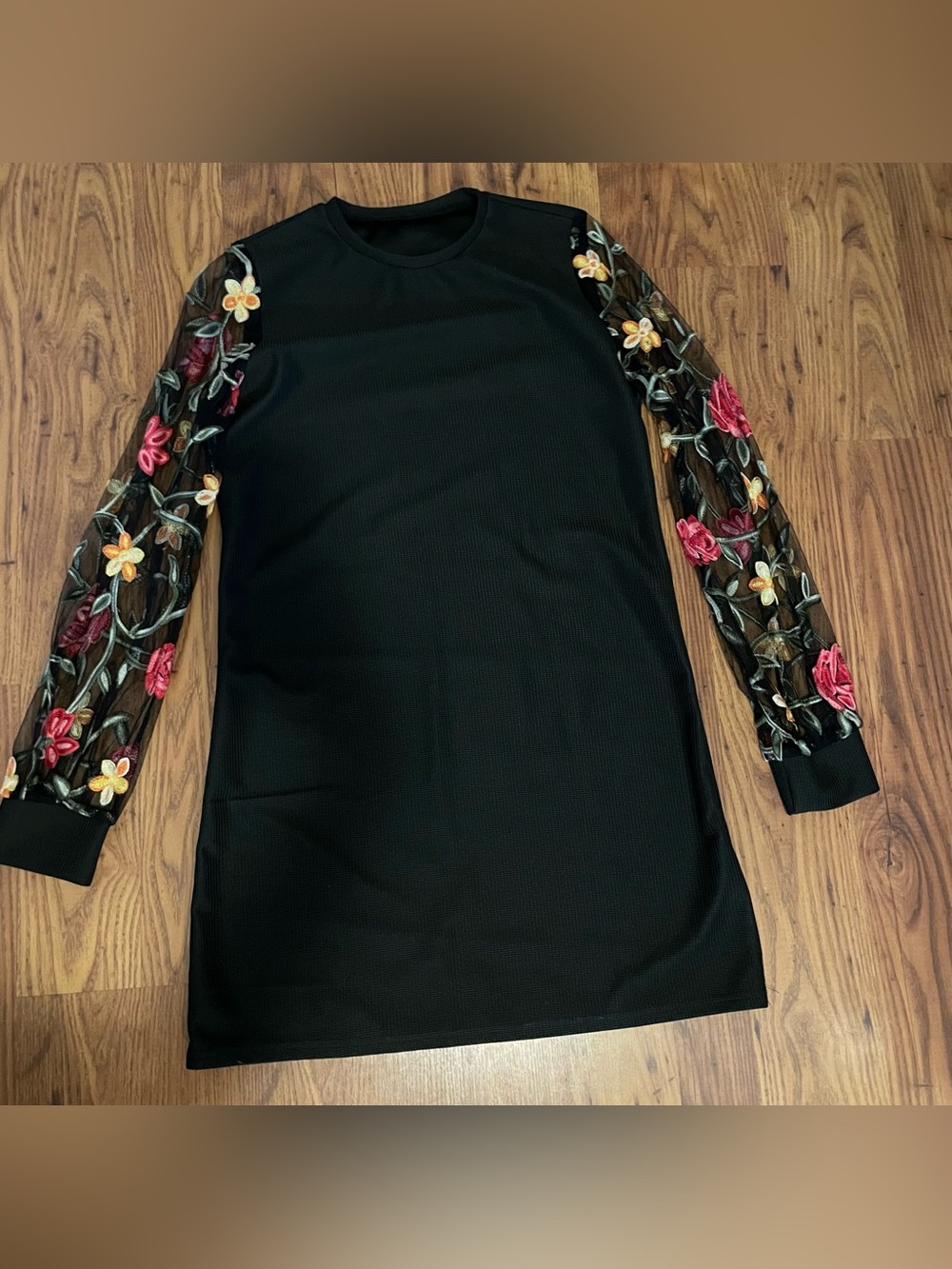 Black Long-Sleeve Dress with Embroidered Floral Sleeves